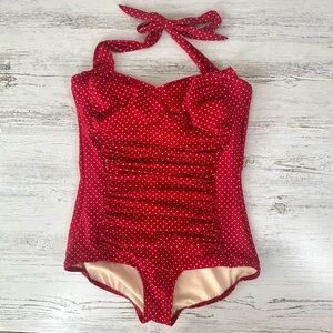 MIRACLESUIT Halter Polka Dot Retro Pin Up One Piece Swimsuit Red XL